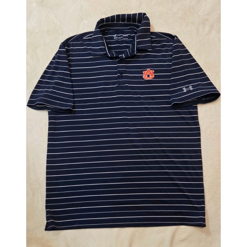 UNIVERSITY OF AUBURN UNDER ARMOUR MENS SHORT SLEEVE BLUE STRIPED POLO LARGE